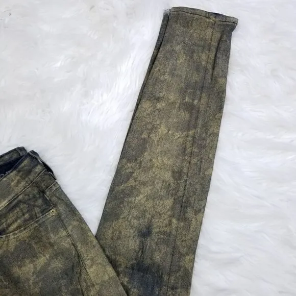 7FAM 7 For All Mankind Womens Size 27 Floral Print Skinny Jeans in Gold Metallic