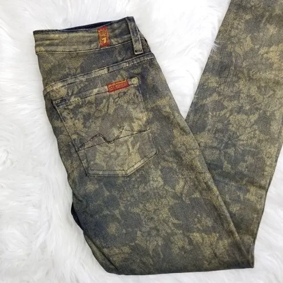 7FAM 7 For All Mankind Womens Size 27 Floral Print Skinny Jeans in Gold Metallic