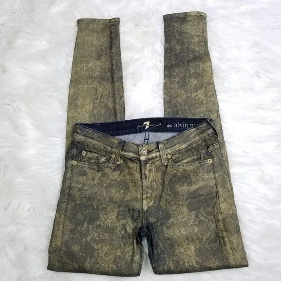 7FAM 7 For All Mankind Womens Size 27 Floral Print Skinny Jeans in Gold Metallic