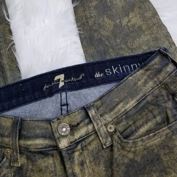 7FAM 7 For All Mankind Womens Size 27 Floral Print Skinny Jeans in Gold Metallic