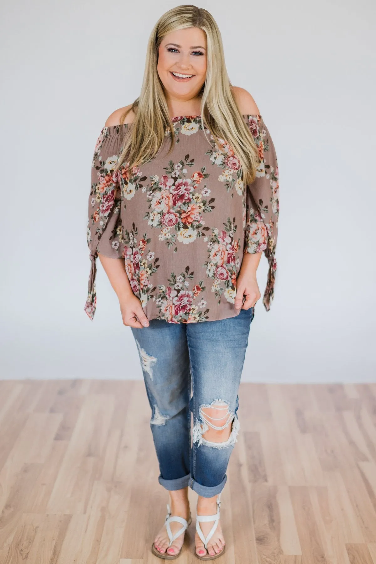 All I Want Floral Off the Shoulder Top- Mocha