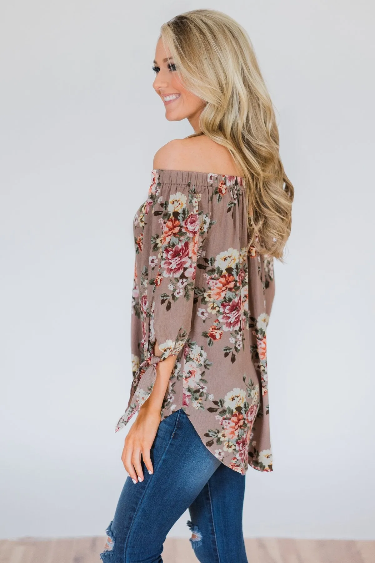 All I Want Floral Off the Shoulder Top- Mocha