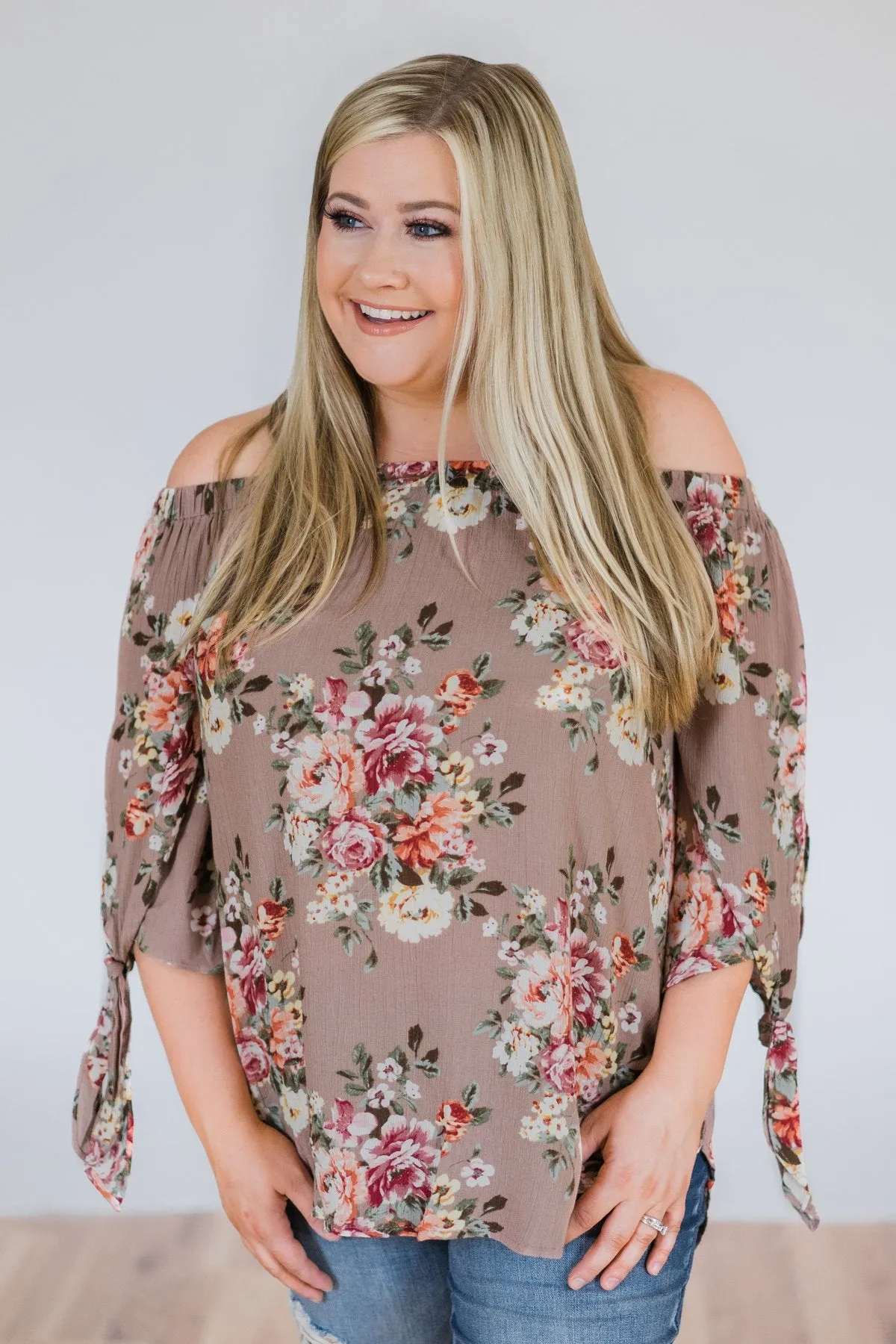 All I Want Floral Off the Shoulder Top- Mocha
