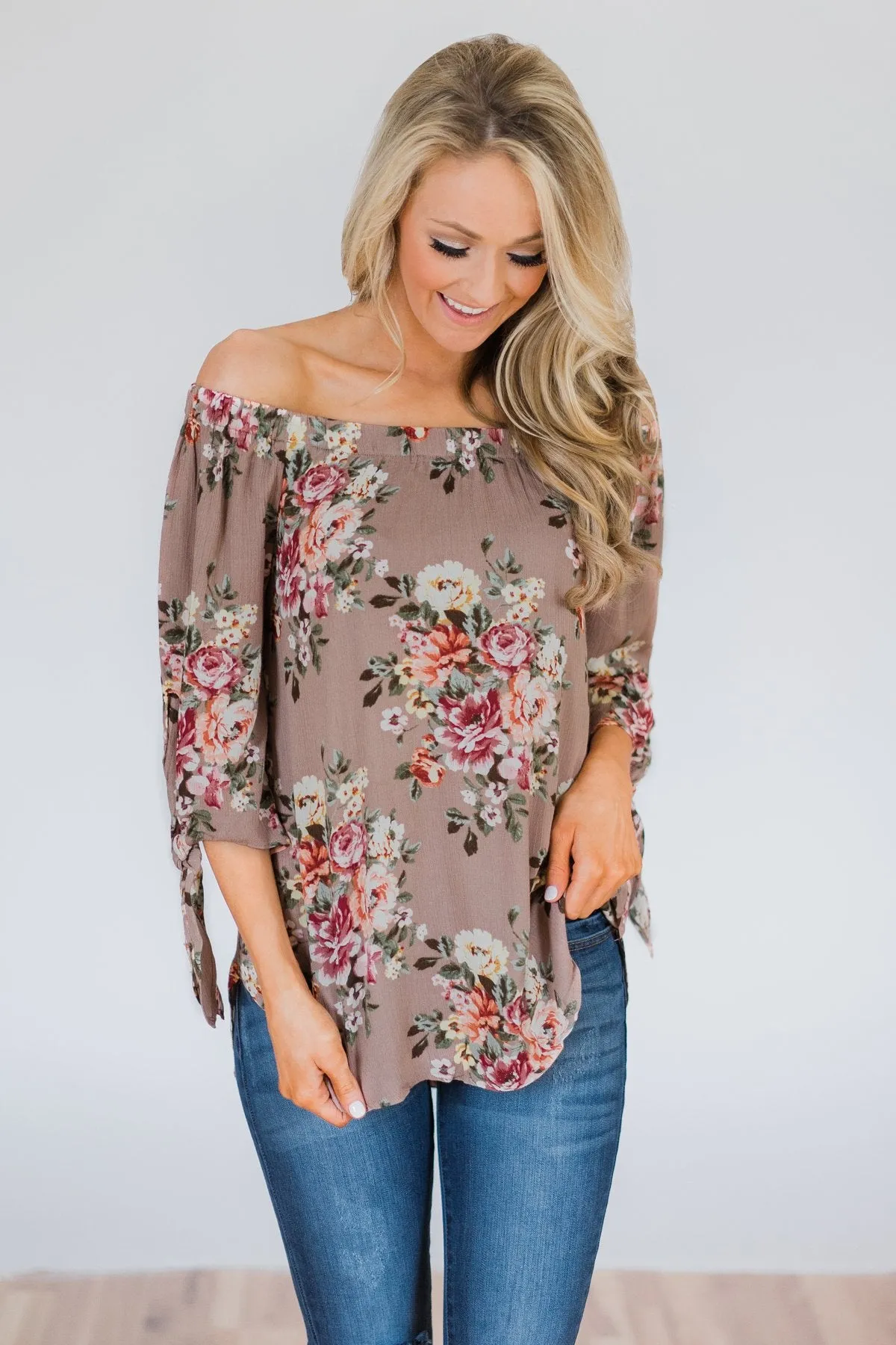 All I Want Floral Off the Shoulder Top- Mocha