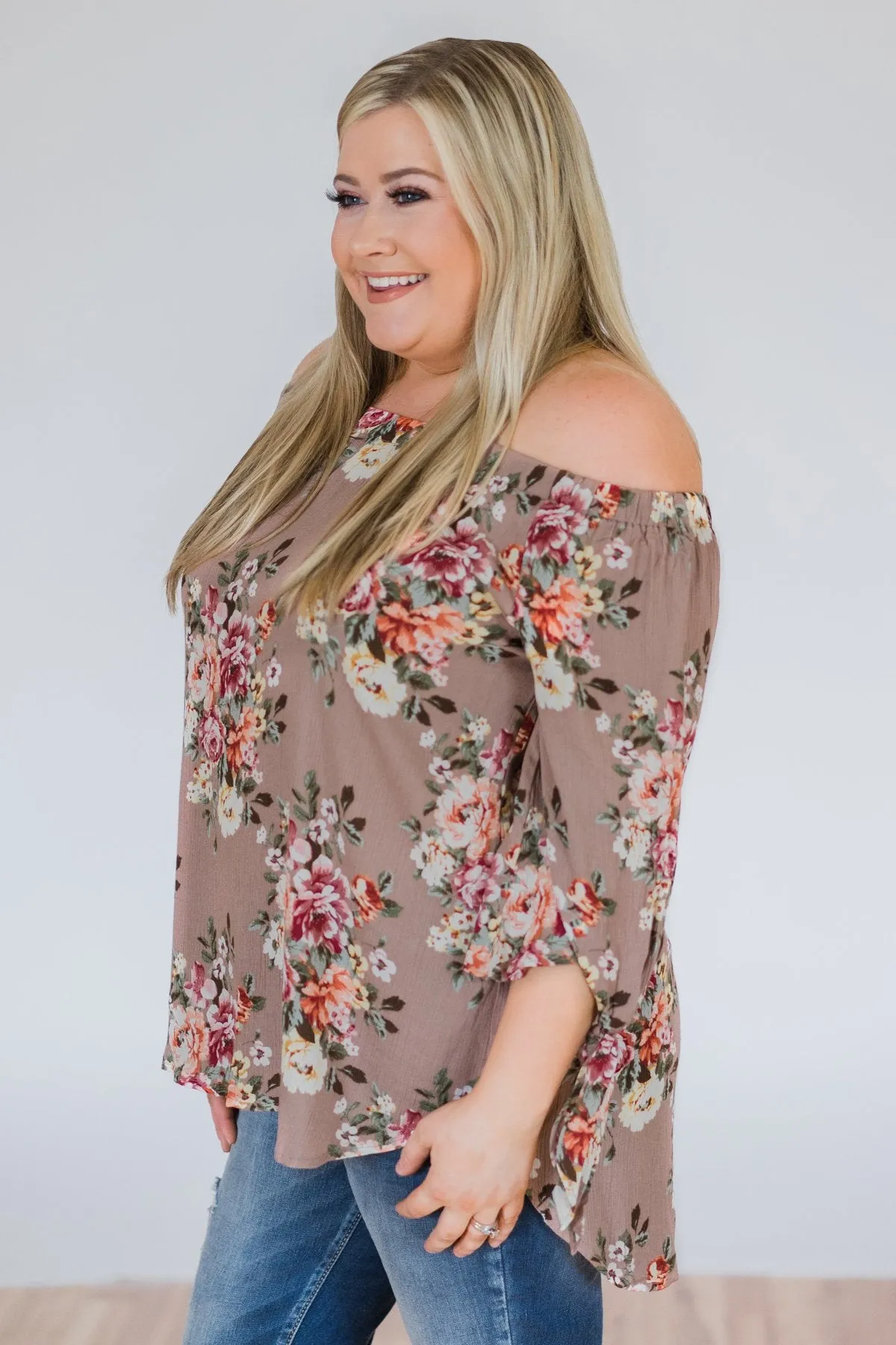 All I Want Floral Off the Shoulder Top- Mocha