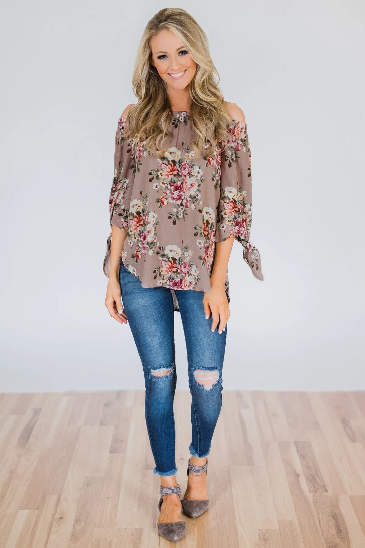 All I Want Floral Off the Shoulder Top- Mocha