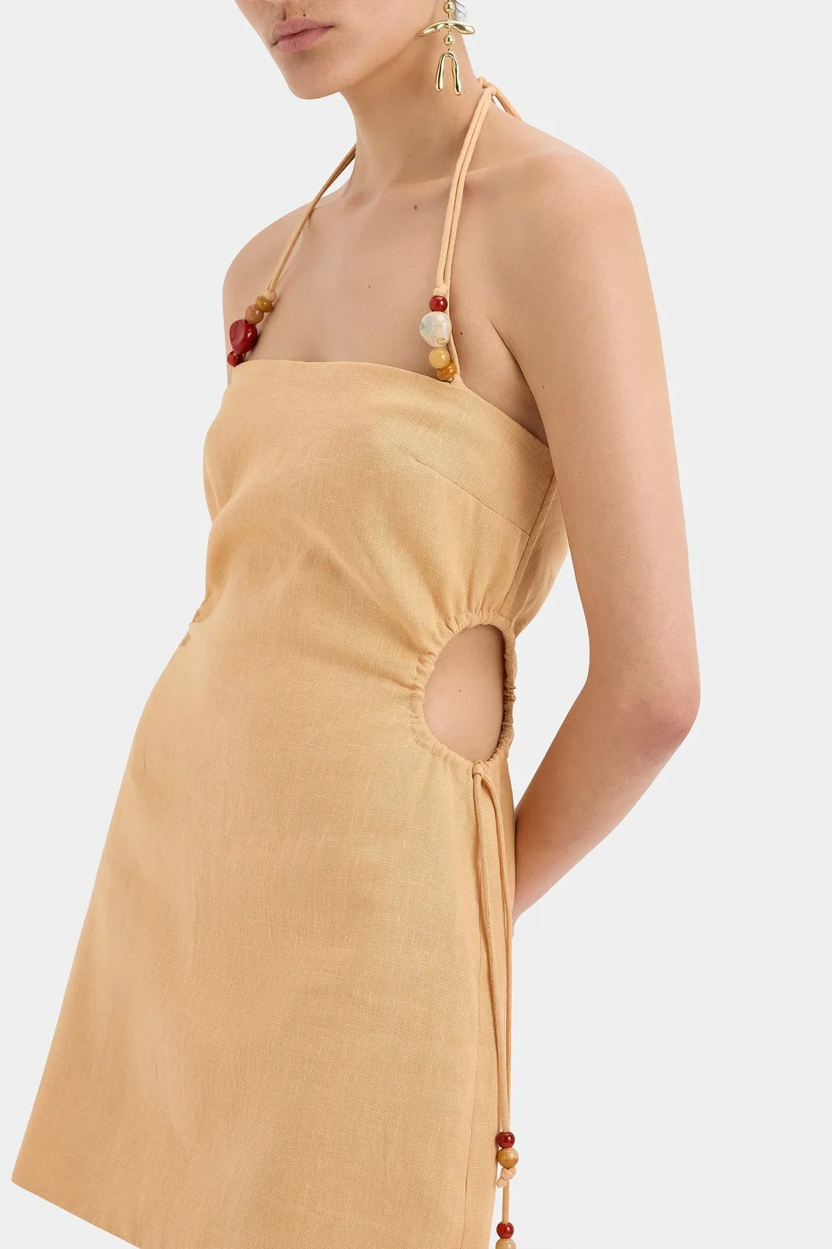 Antonia Beaded Mini Dress in Light Tan