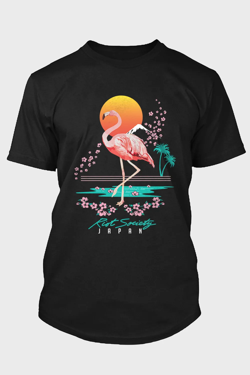 Black Flamingo Cherry Blossoms Letter Print Men's Graphic T Shirt