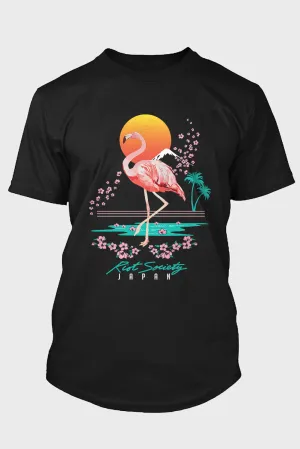 Black Flamingo Cherry Blossoms Letter Print Men's Graphic T Shirt