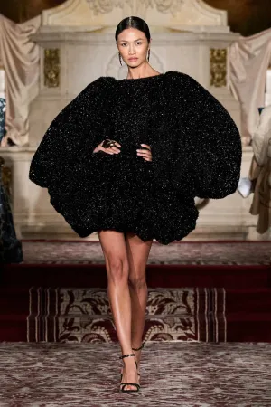 Black Tinsel Bubble Sleeve Mini Dress