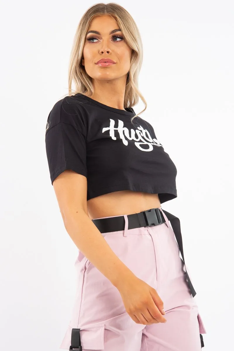 Black White Hustle Slogan Crop T Shirt - Brienna