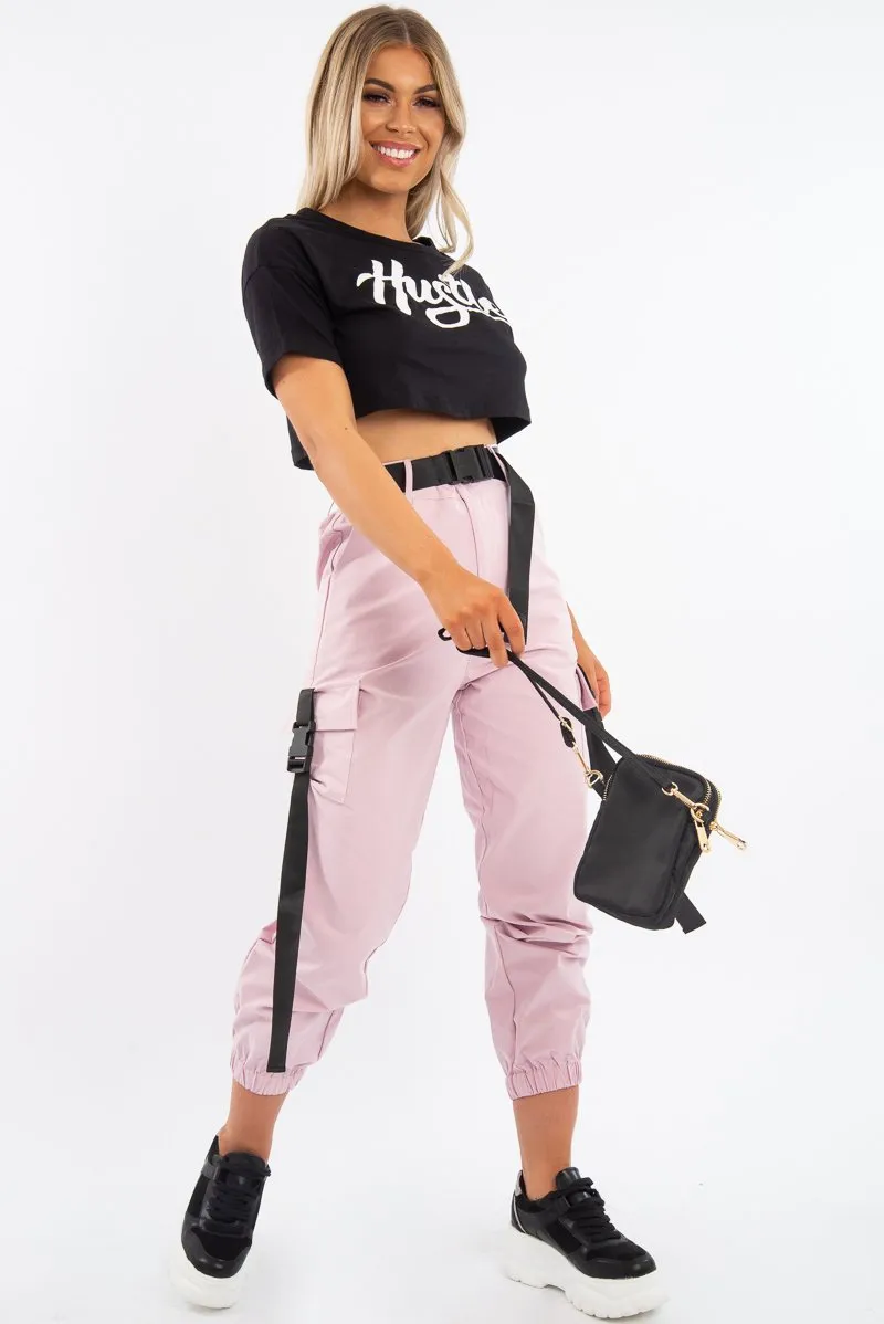 Black White Hustle Slogan Crop T Shirt - Brienna