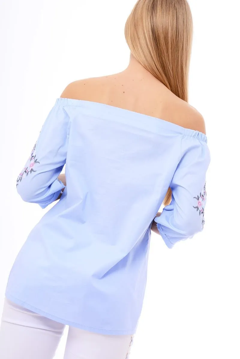 Blue Bardot Floral Embroidered Sleeve Blouse - Clarise