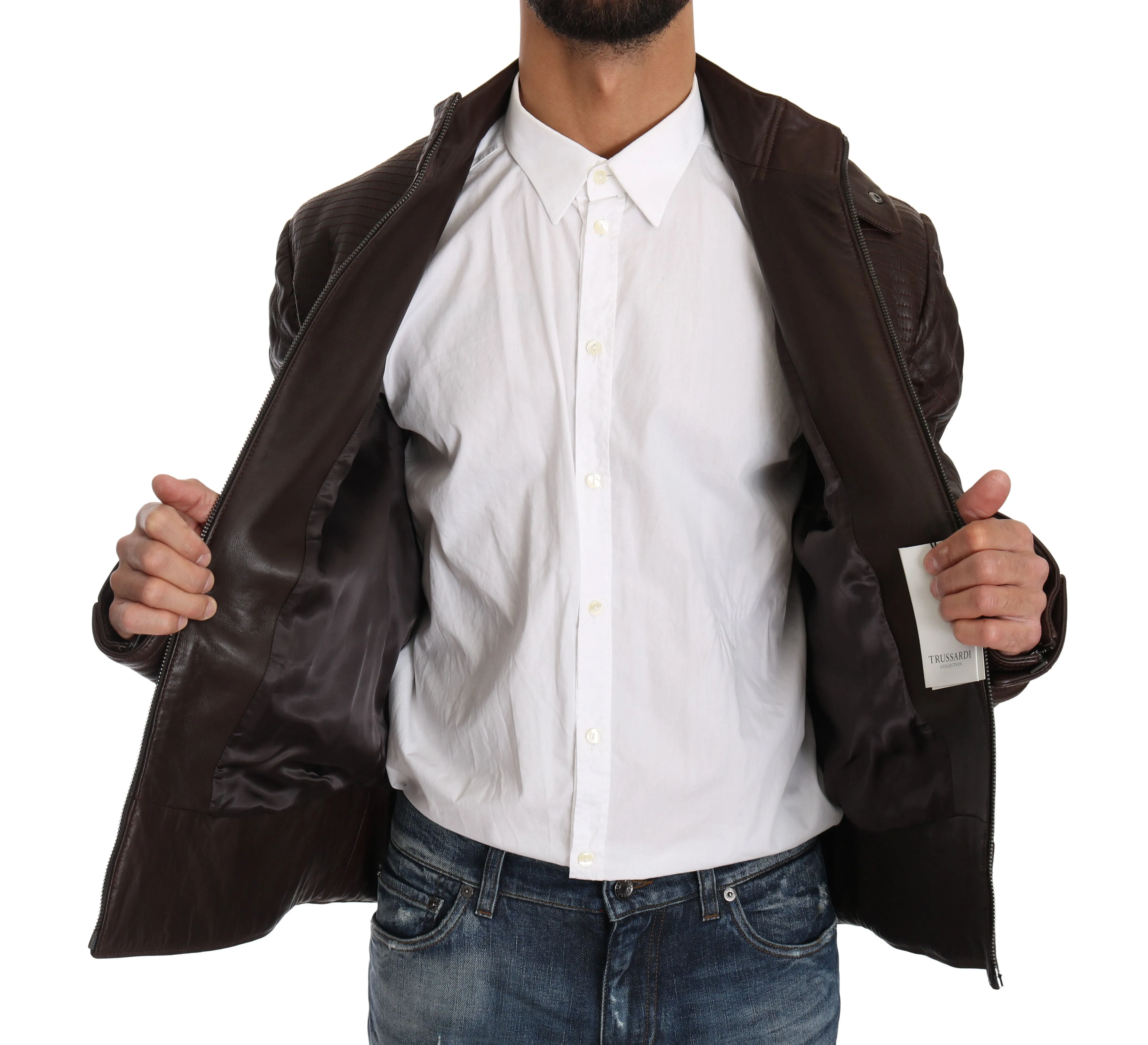 Brown Leather Biker Zipper Motorcycle Mens Jacket