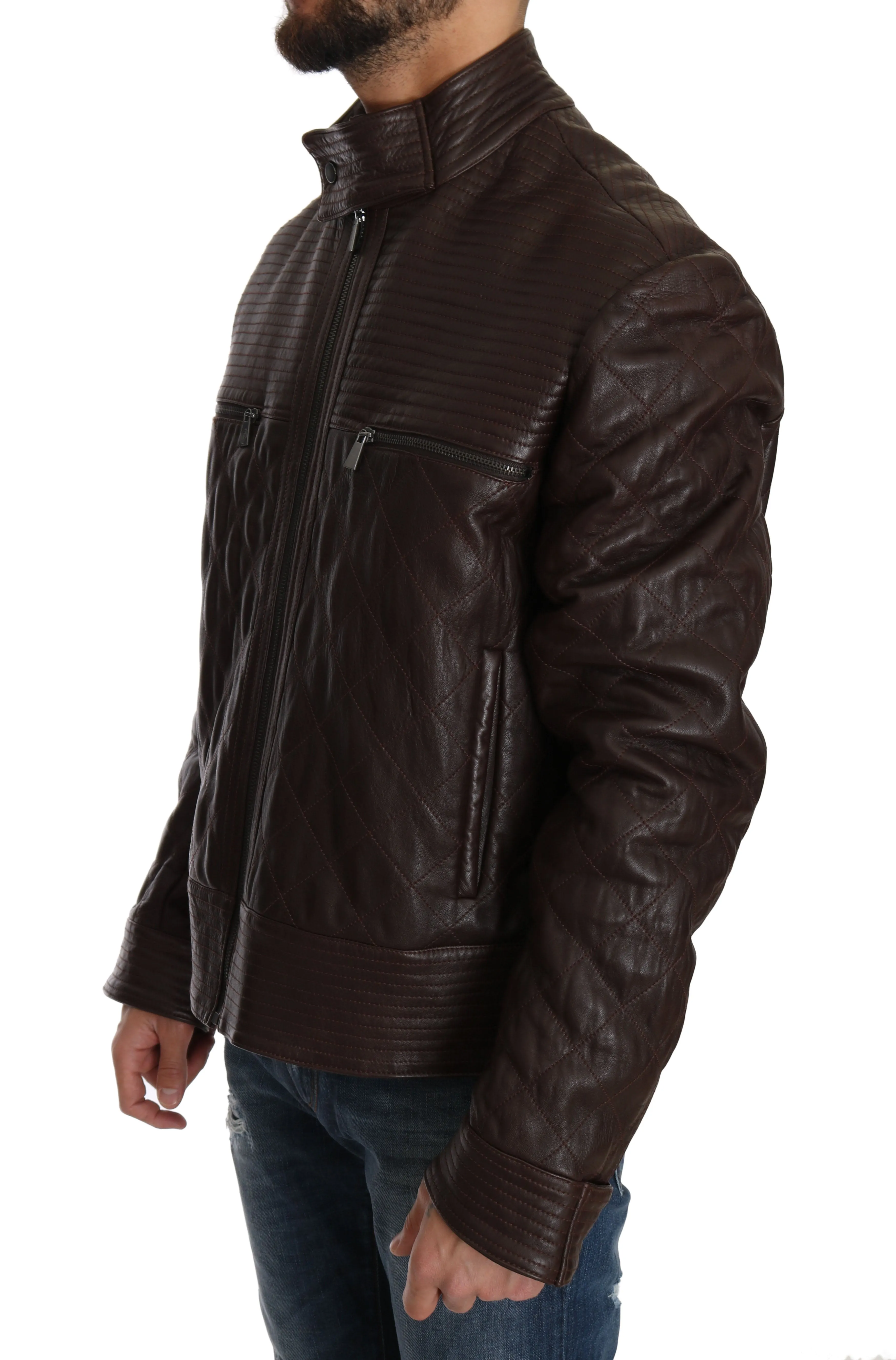 Brown Leather Biker Zipper Motorcycle Mens Jacket