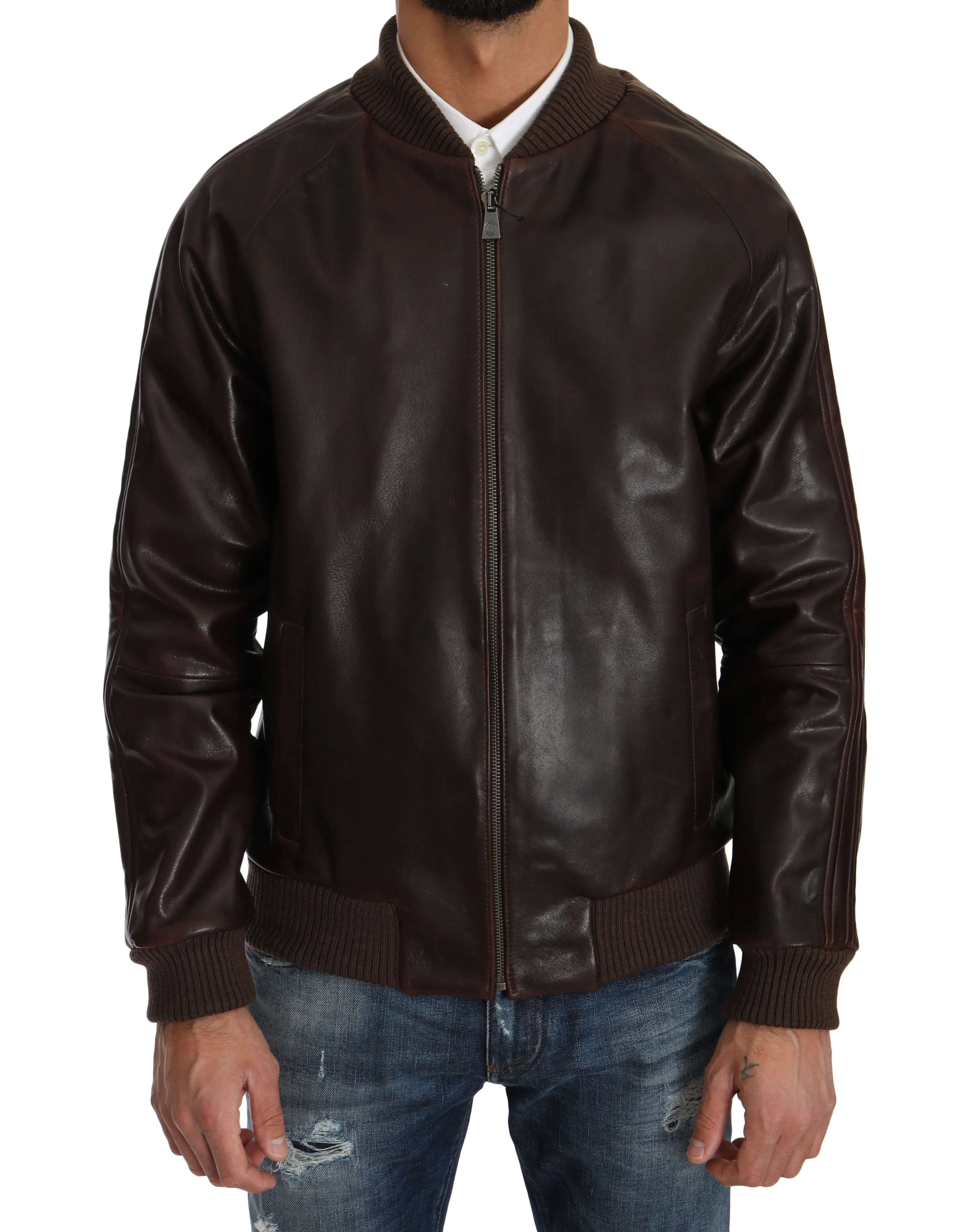 Brown Leather Bomber Zipper Mens Marrone Jacket