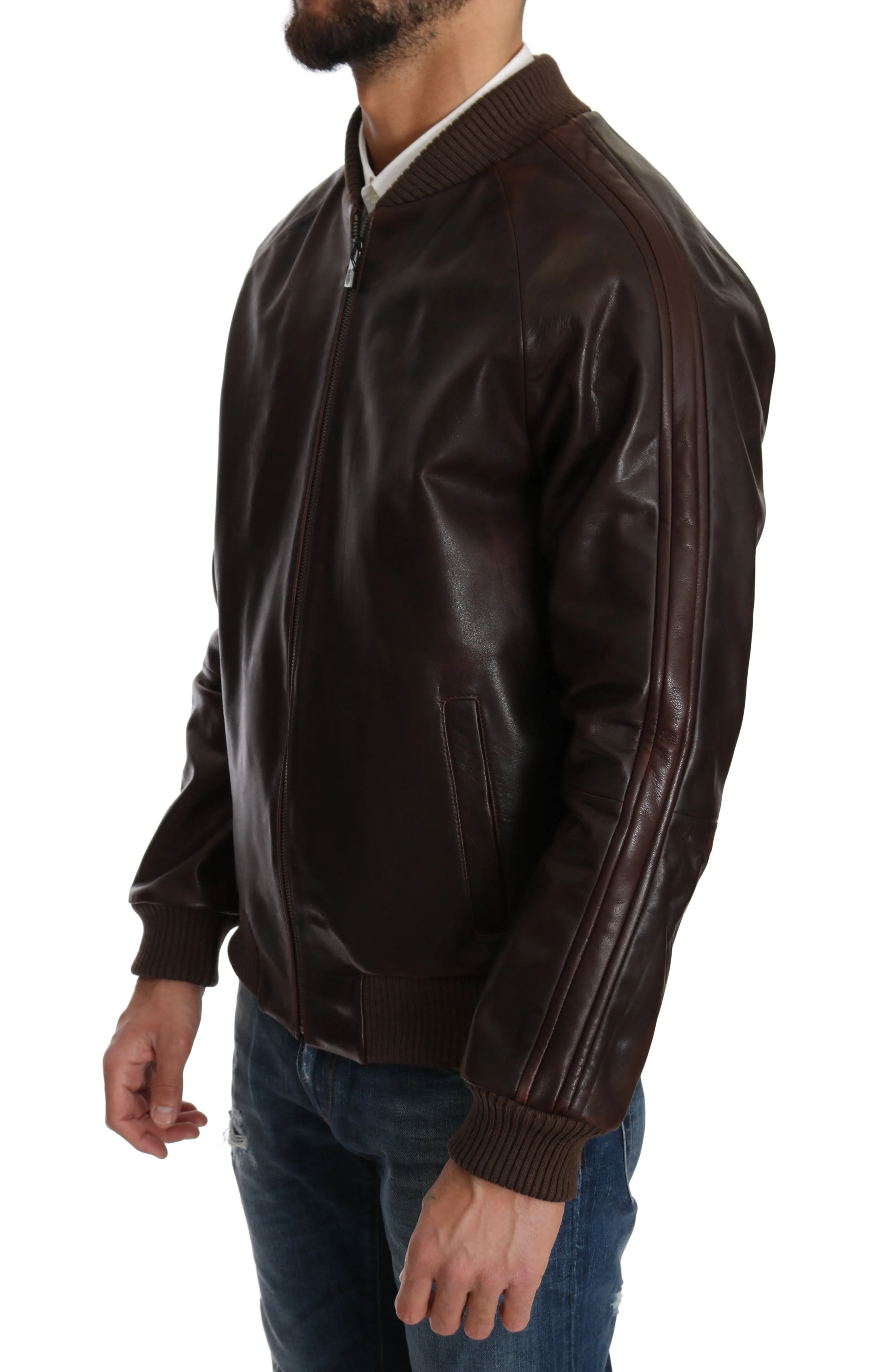 Brown Leather Bomber Zipper Mens Marrone Jacket