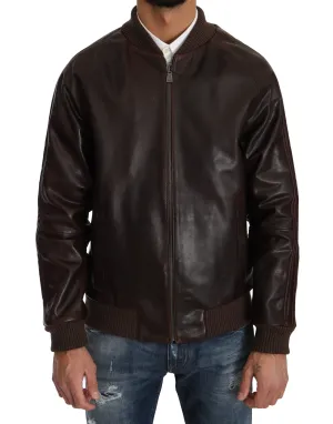 Brown Leather Bomber Zipper Mens Marrone Jacket