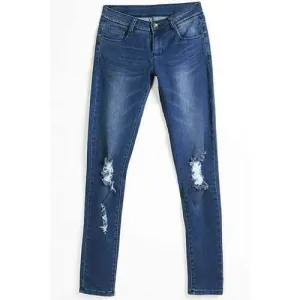 Casual Mid-Waist Broken Hole Ripped Bodycon Pencil Jeans For Women - Deep Blue L