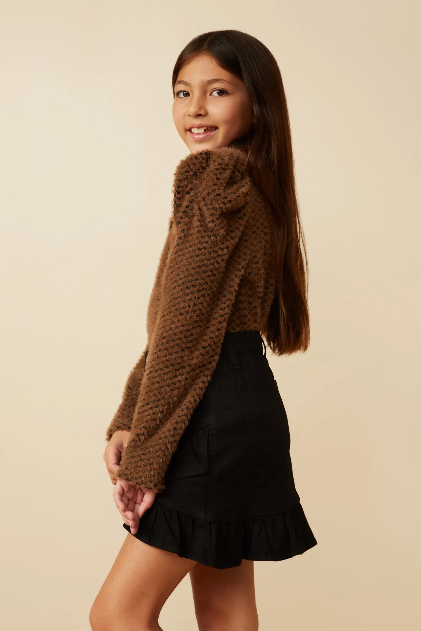 Checkered Mohair Accent Shoulder Knit Top