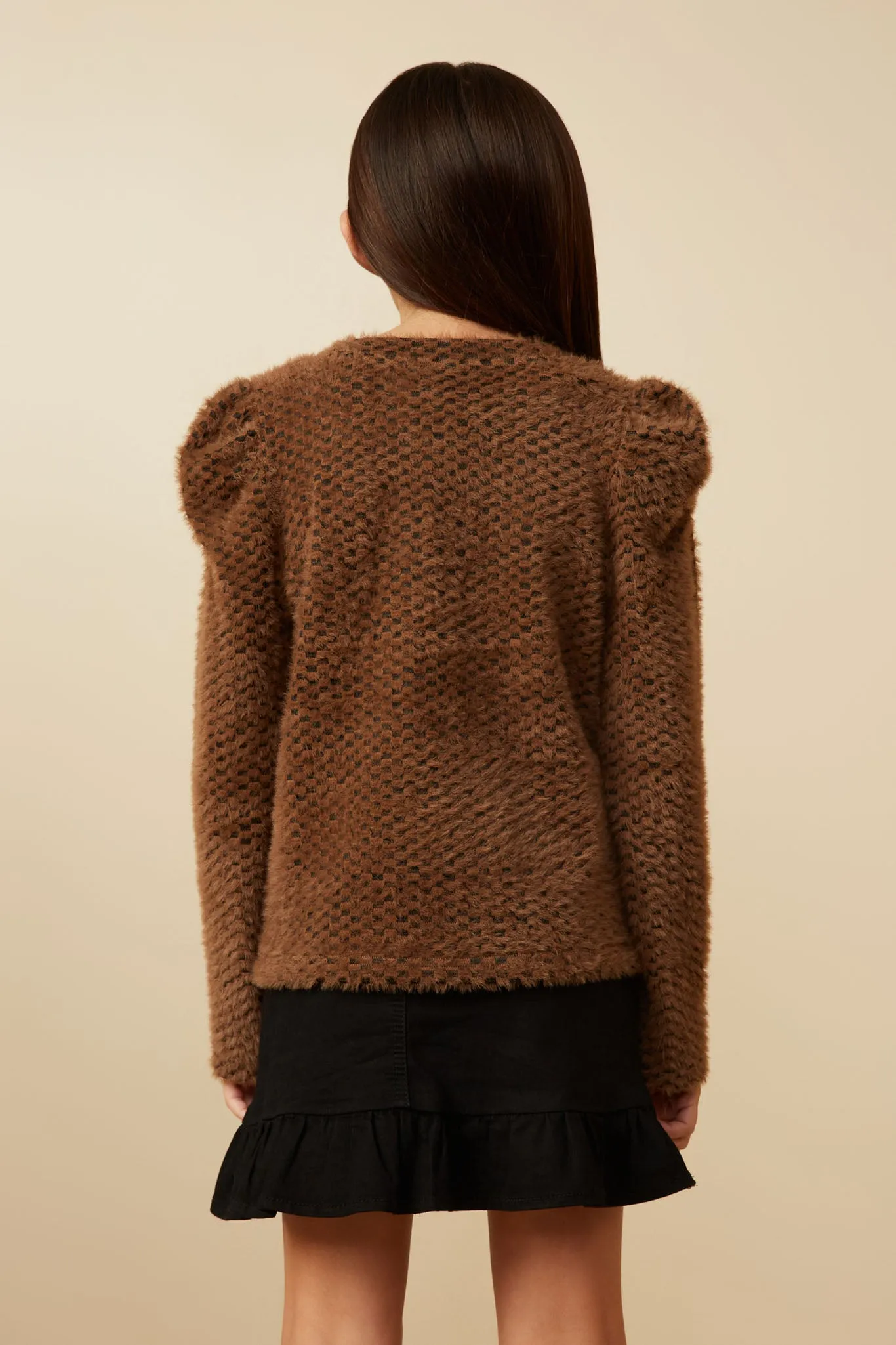 Checkered Mohair Accent Shoulder Knit Top