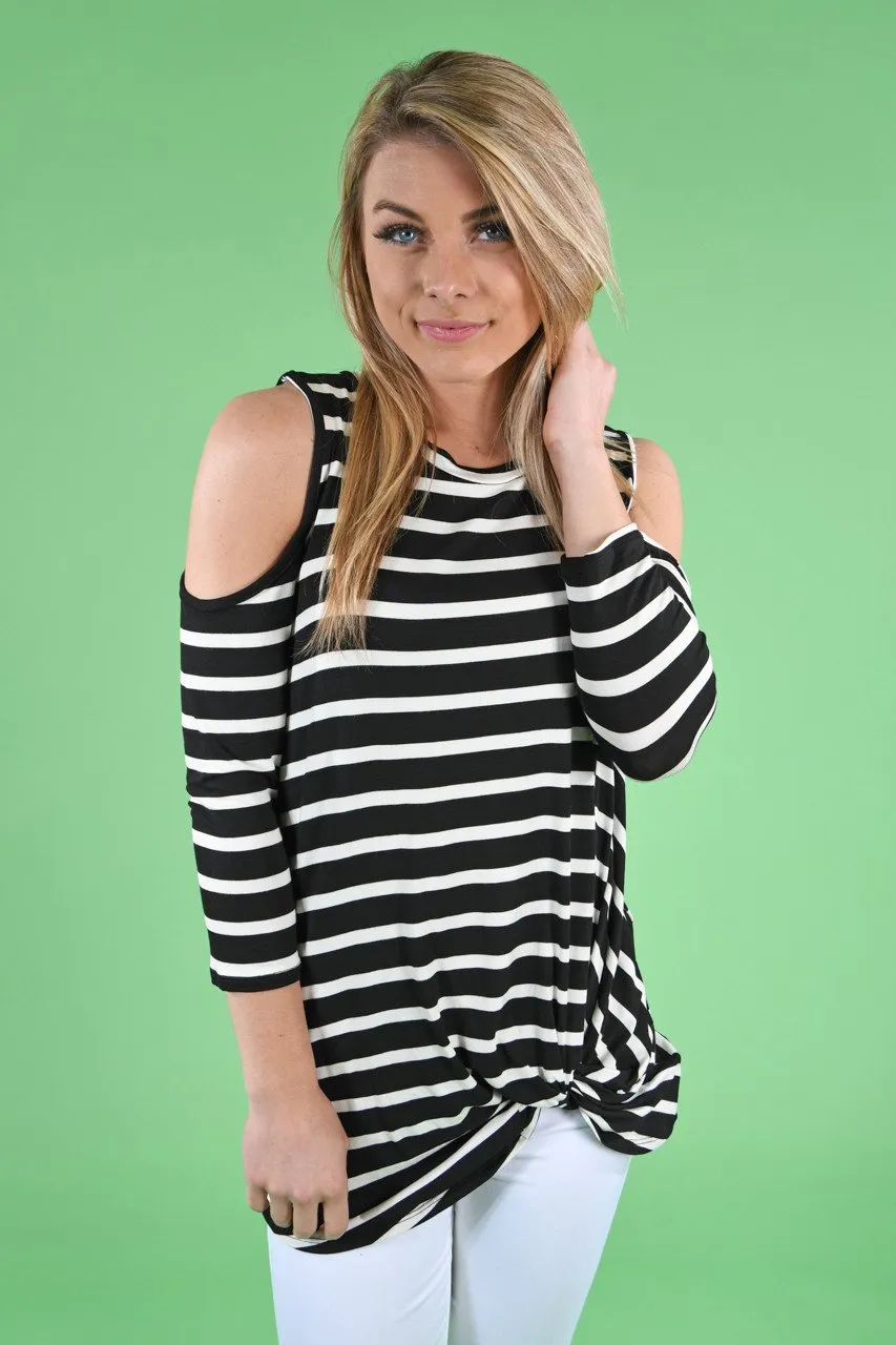 Cold Shoulder Black Striped Top