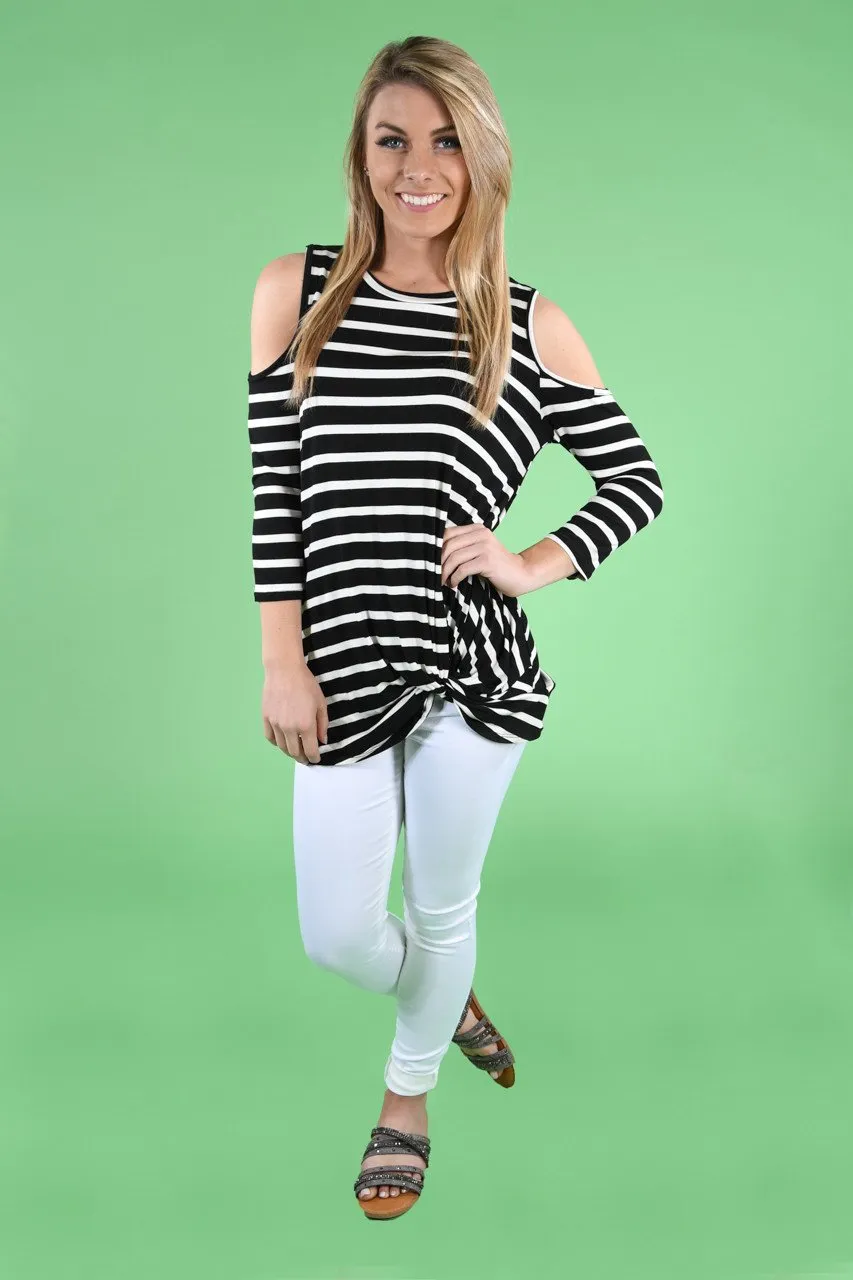 Cold Shoulder Black Striped Top