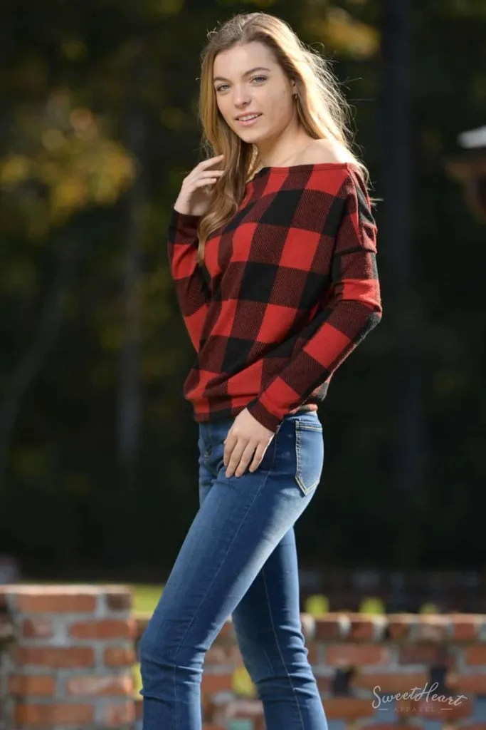 Comfort To Touch Plaid Sweater - Red