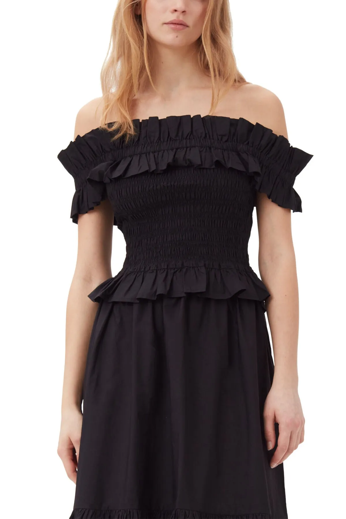Cotton Poplin Off-Shoulder Smock Top in Black