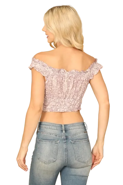 Cream Lavender Ruffle Off Shoulder Paisley Crop Top - Pack of 5