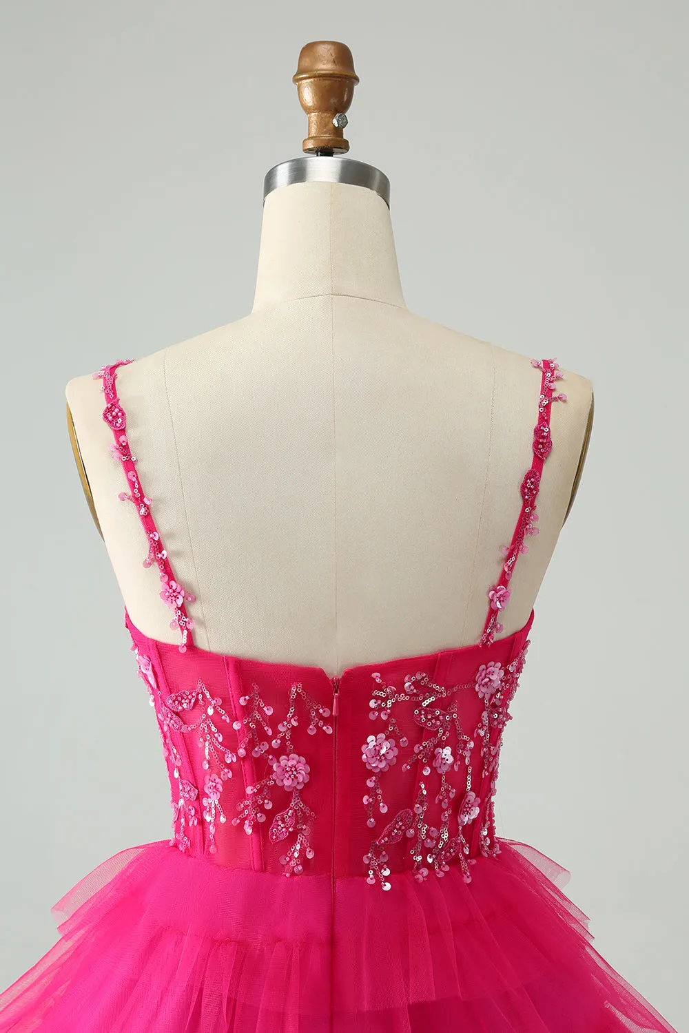 Cute Fuchsia A Line Spaghetti Straps Tiered Short Homecoming Dress with Sequins