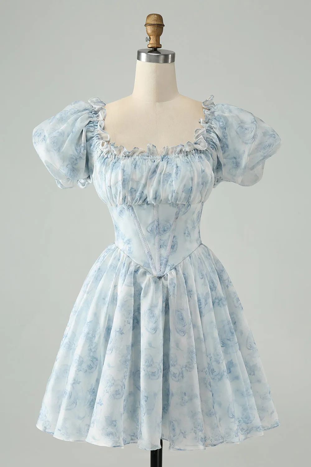 Cute Sky Blue A Line Square Neck Floral Ruffle Homecoming Dress with Puff Sleeves