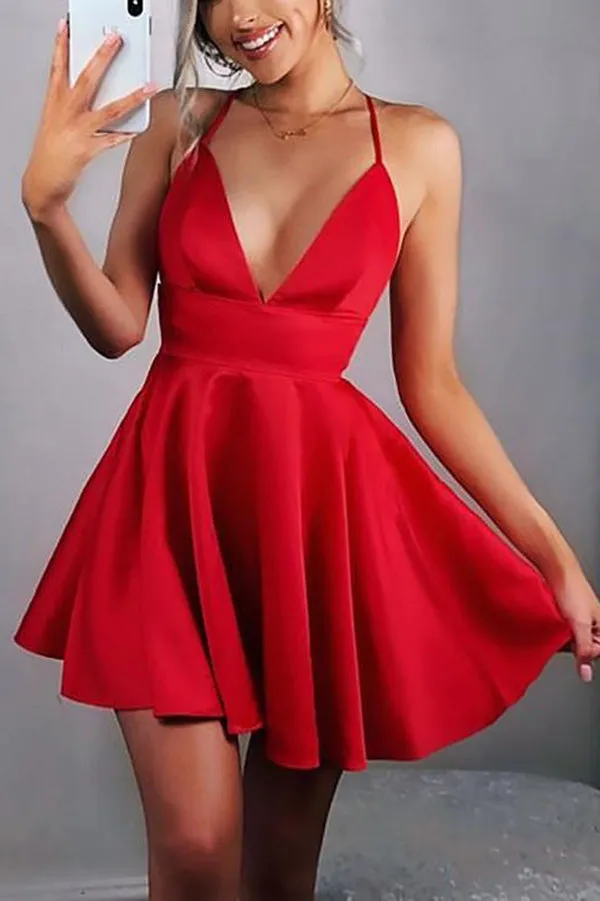 Deep V-neck Satin Backless Red Pleated Slip Party homecoming dresses,MH502