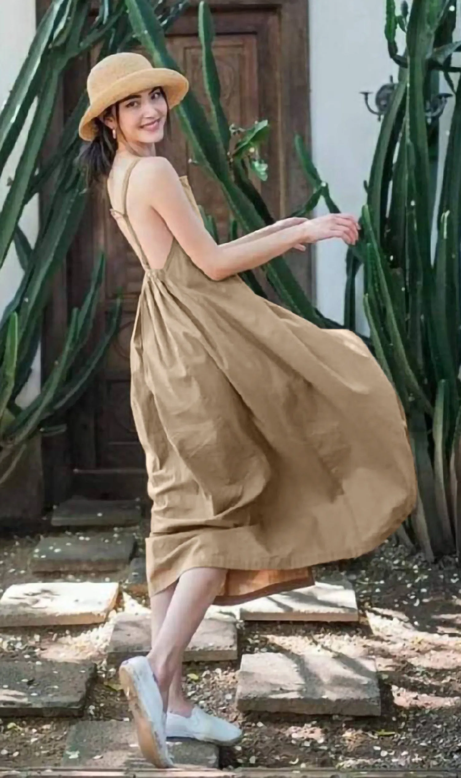 DEMI Open-Back Slip Midi Dress w/ Hat (Latte)