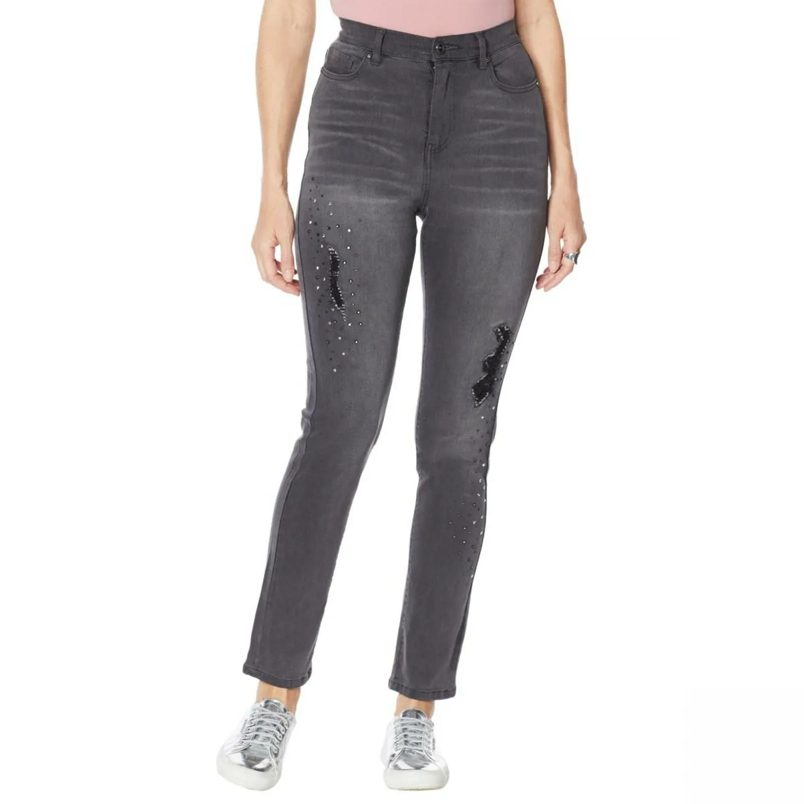 DG2 by Diane Gilman Women's Destructed Multi Stone Skinny Jeans Gray 6