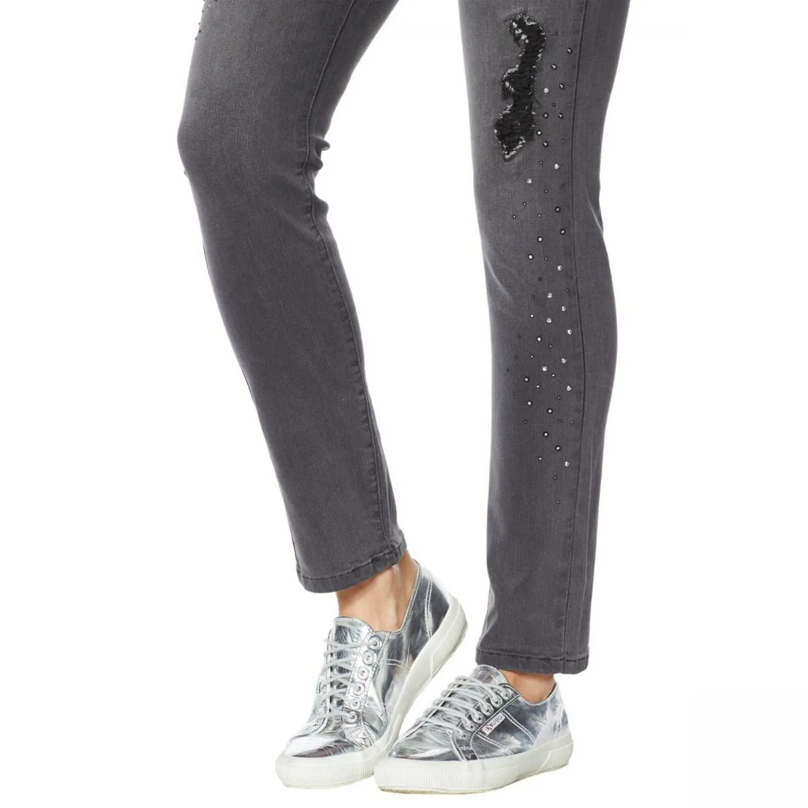 DG2 by Diane Gilman Women's Destructed Multi Stone Skinny Jeans Gray 6