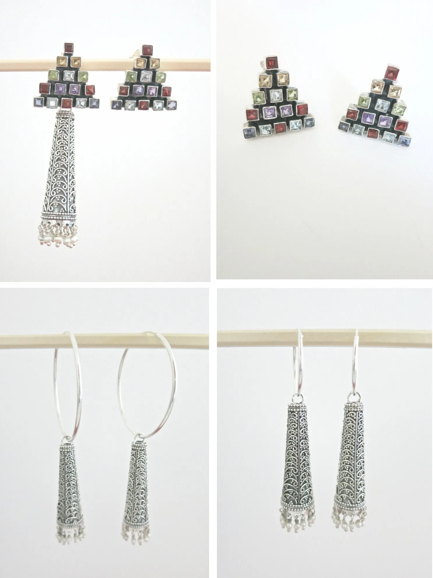 Dramatic, detachable long tubular jhumkas with triangular multicolor gemstone tops