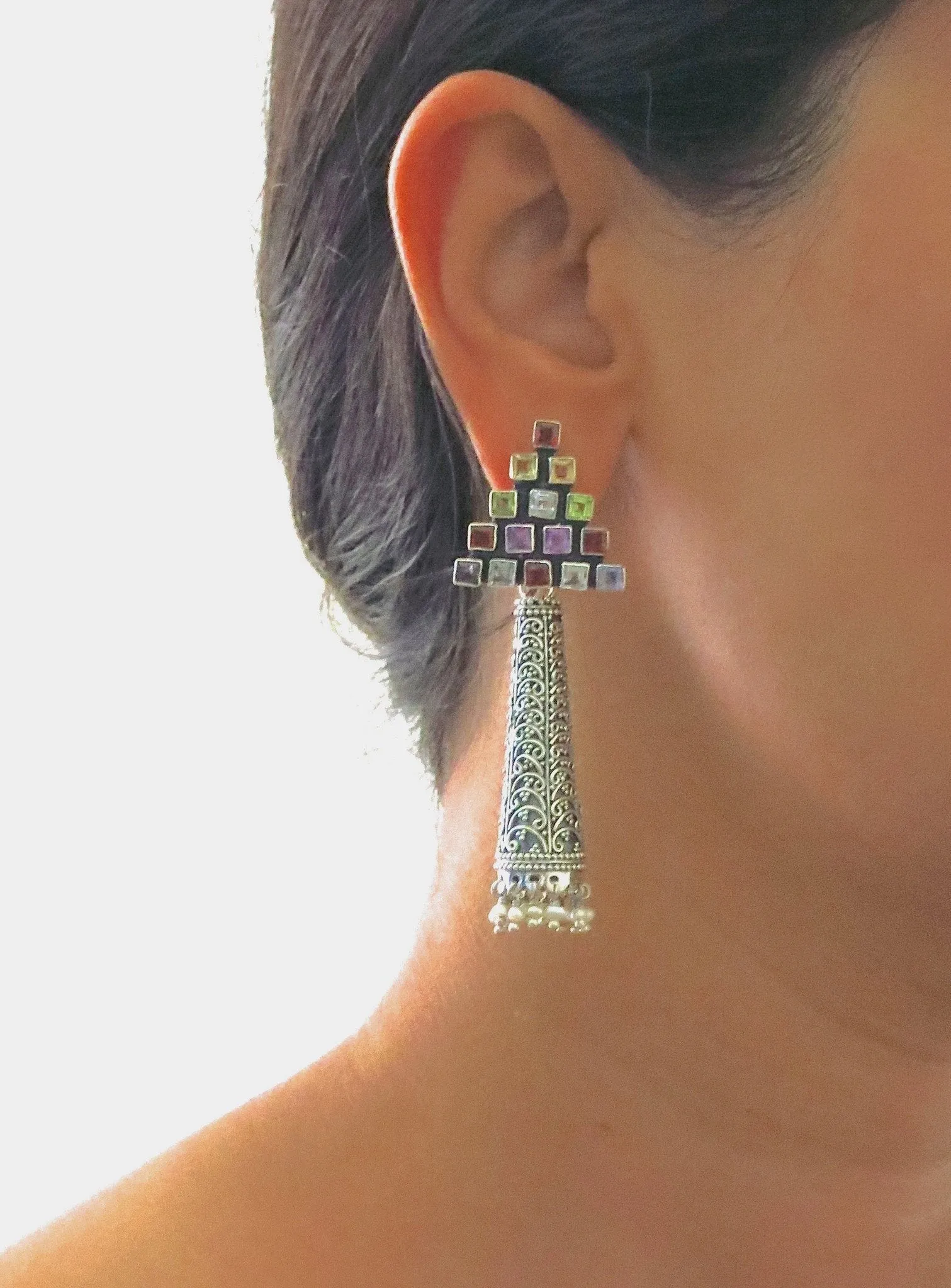 Dramatic, detachable long tubular jhumkas with triangular multicolor gemstone tops