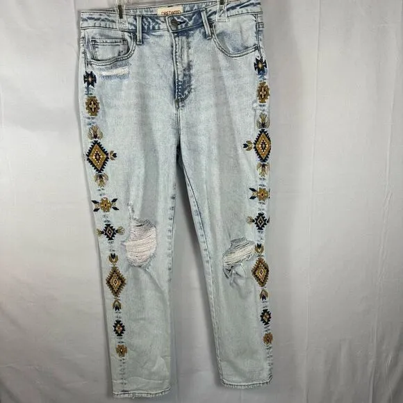 Driftwood Jeans Women’s Gizelle Geometric Embroidered Light Wash Ripped Ankle 29
