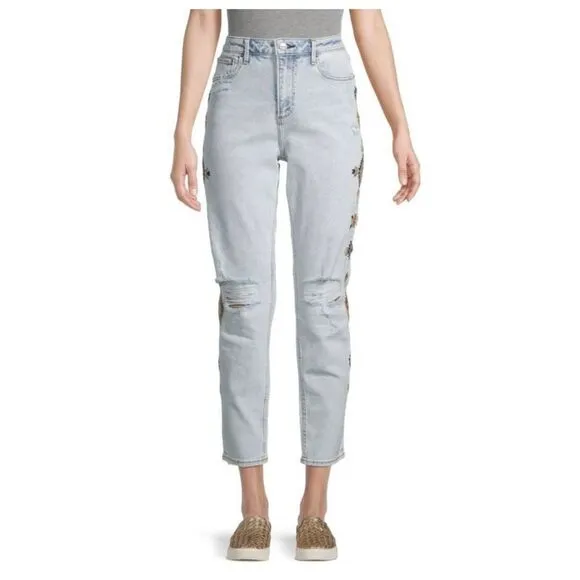 Driftwood Jeans Women’s Gizelle Geometric Embroidered Light Wash Ripped Ankle 29
