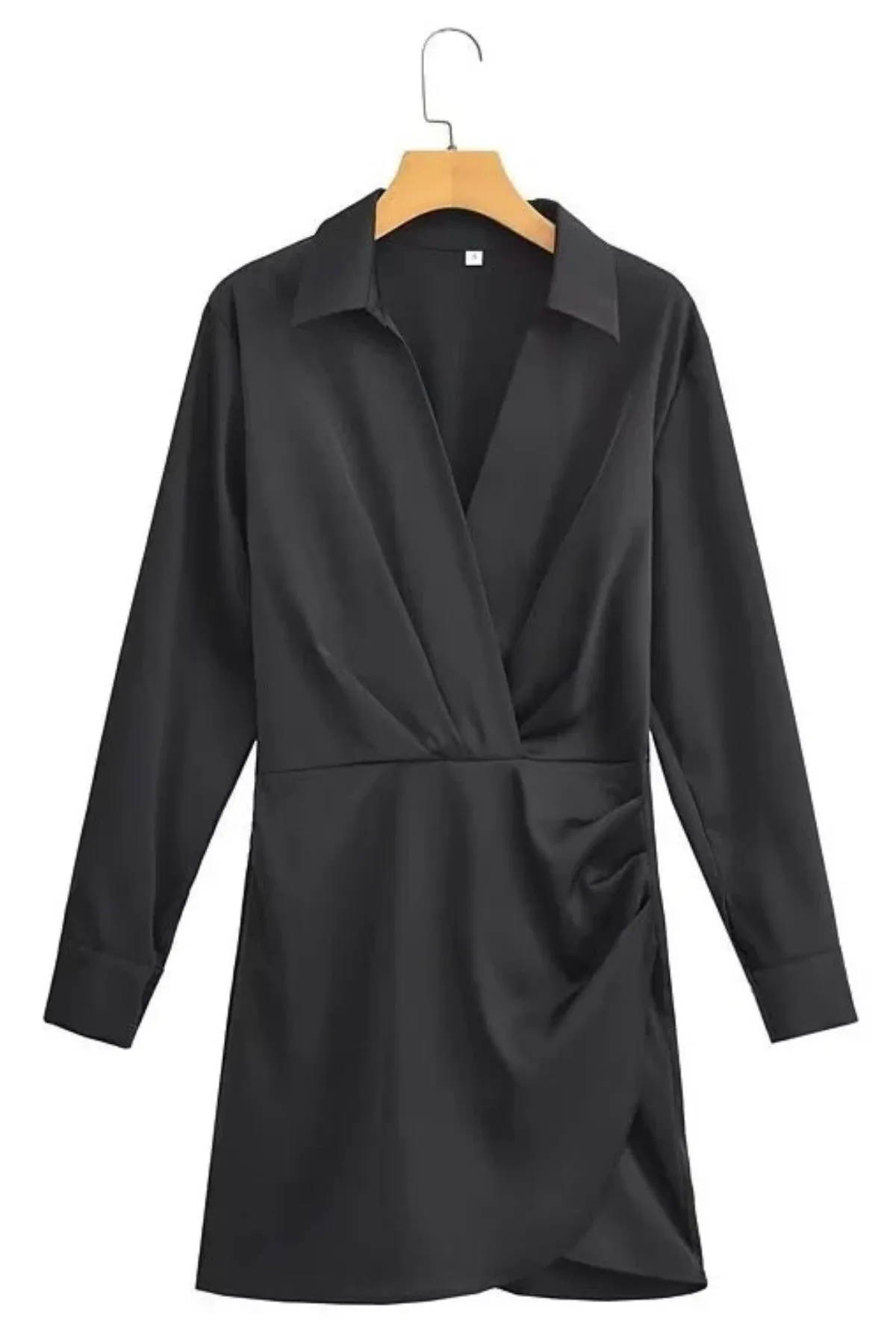 ELEANOR Draped Wrap Satin Collared Mini Dress (Black)