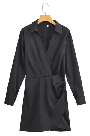 ELEANOR Draped Wrap Satin Collared Mini Dress (Black)
