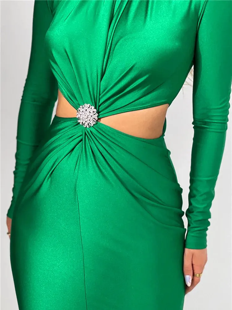 Elegant Hollow Out Sexy Maxi Dress For Women Autumn Winter New Turtleneck Long Sleeve Bodycon Club Party Evening Dress Boutique Fashion