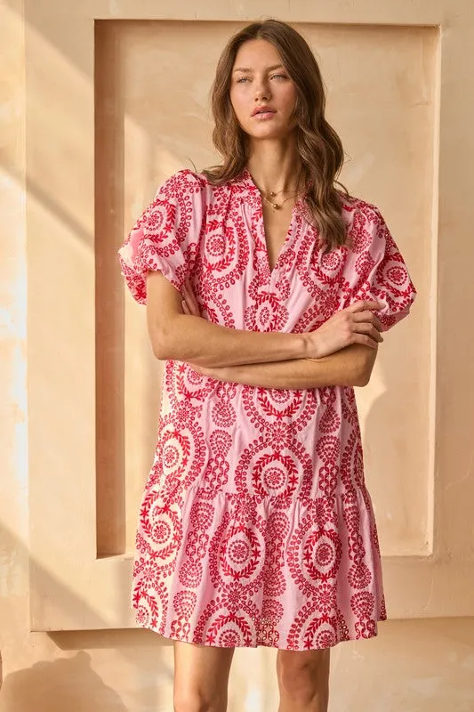 Eyelet Embroidered Short Sleeve Mini Dress