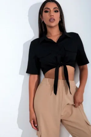 Flap Pocket Knot Hem Crop Blouse