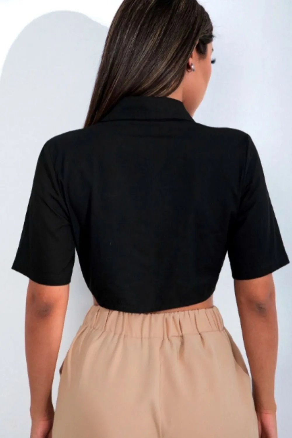 Flap Pocket Knot Hem Crop Blouse