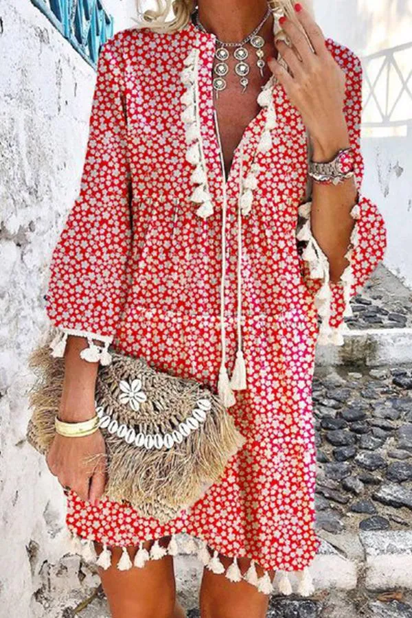 Floral Print V-Neck Tassel Stitching Boho Mini Dress