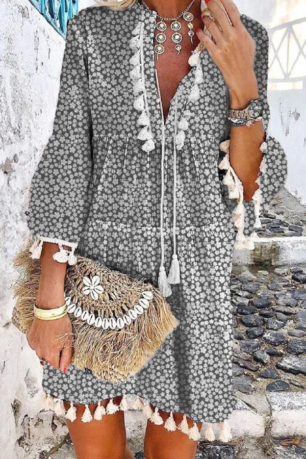 Floral Print V-Neck Tassel Stitching Boho Mini Dress