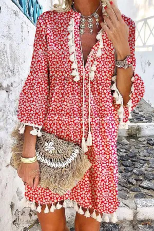 Floral Print V-Neck Tassel Stitching Boho Mini Dress