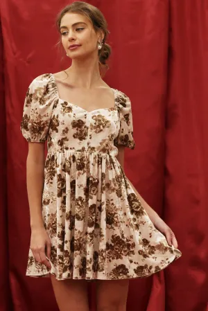 FLORAL VELVET PUFF SLEEVE MINI DRESS